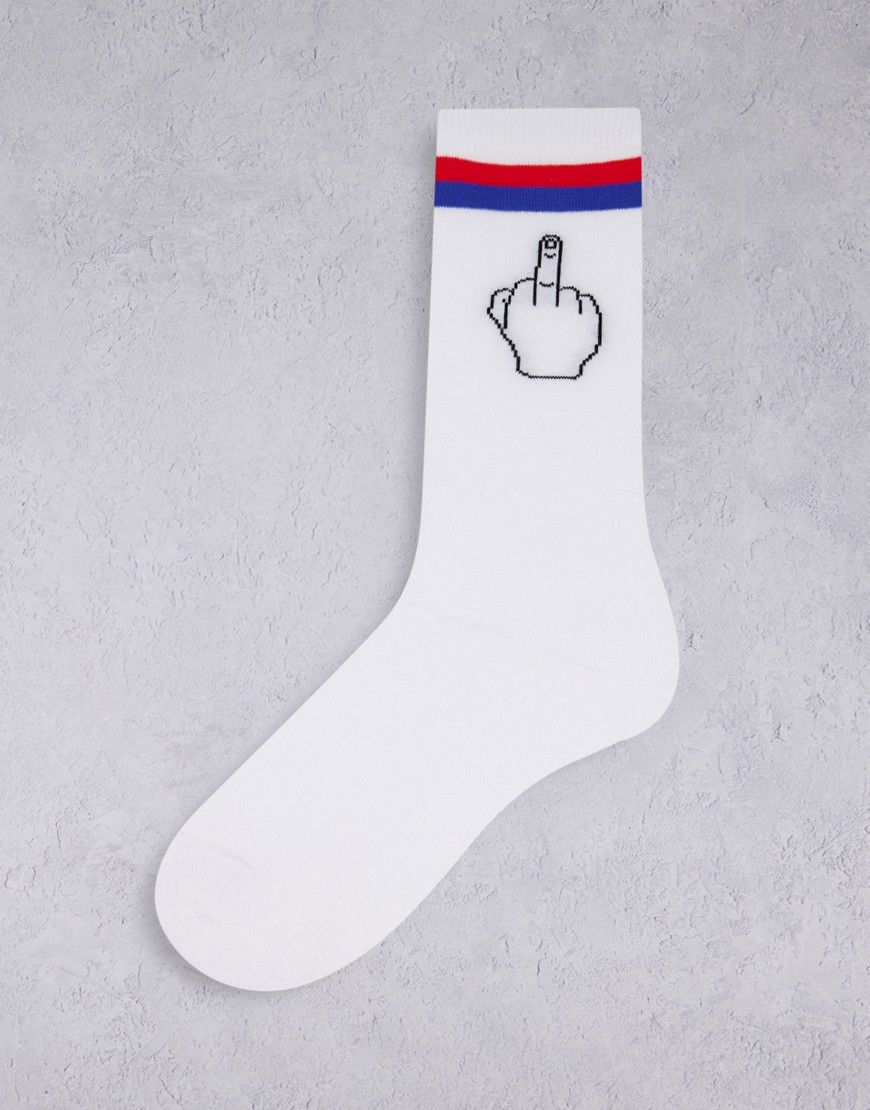 Typo socks with stripe and middle finger in white
