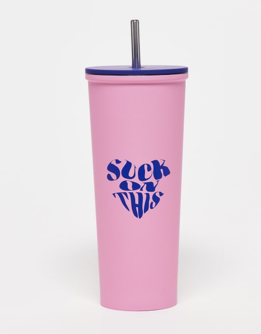 Typo 'suck on this' smoothie cup with metal straw in pink ASOS