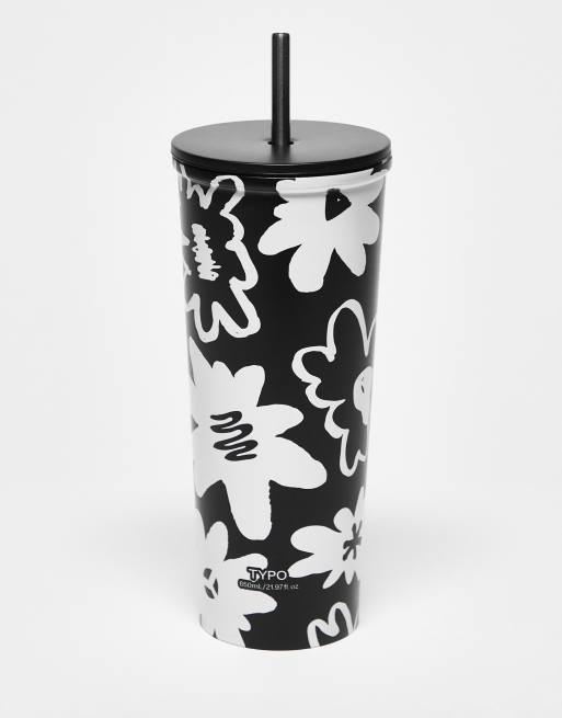 Typo – Szklany kubek na smoothie w czarno-biały wzór w kwiaty