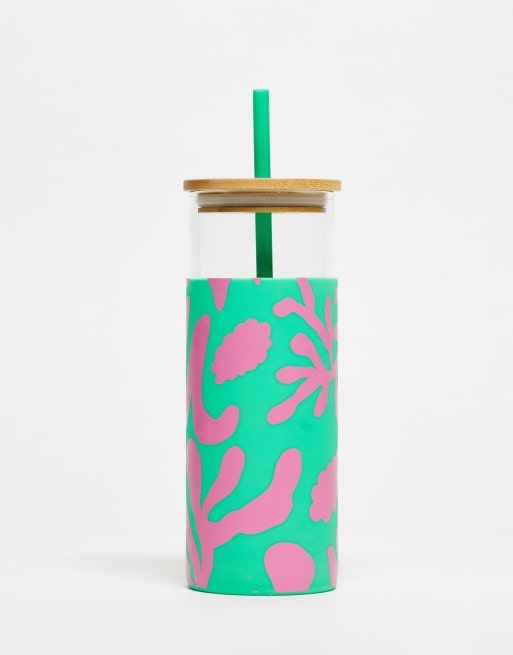 Typo – Szklany kubek na smoothie w różowo-zielony wzór w liście