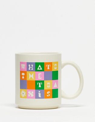 Typo 'what's the tea sis' bright checkerboard mug in white