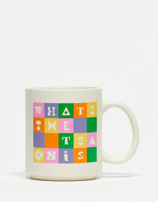 Typo 'what's the tea sis' bright checkerboard mug in white