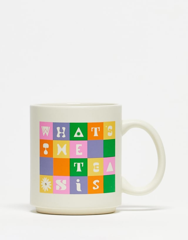 Typo 'What's The Tea Sis' bright checkerboard mug in white