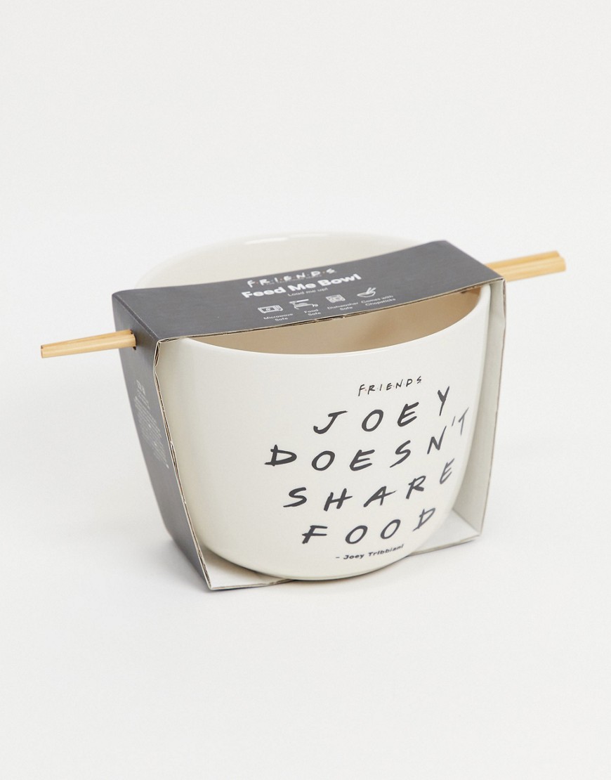 Typo x Friends noodle bowl with chopsticks and 'Joey doesn't share' slogan in white