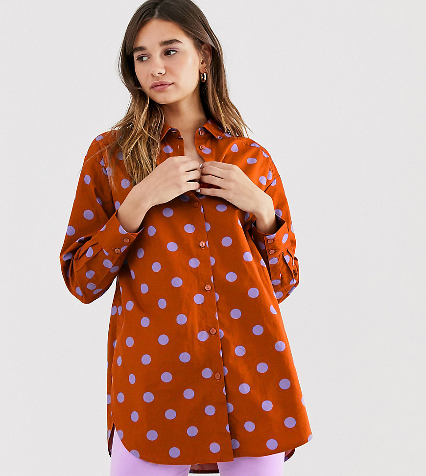 фото Удлиненная блузка цвета ржавчины в горошек monki-коричневый