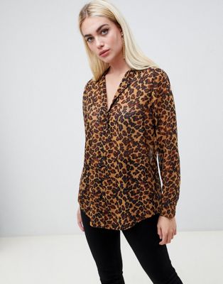 фото Удлиненная прозрачная блузка с длинными рукавами и леопардовым принтом asos design-мульти