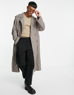  Удлиненный двубортный тренч в стиле oversized в клетку ASOS DESIGN-Коричневый цвет
