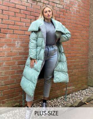 Удлиненный пуховик в стиле oversized с поясом и декоративным воротником Native Youth Plus-Зеленый