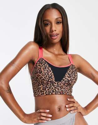 Аутлет  Asos Удлиненный спортивный бюстгальтер на косточках с леопардовым принтом из коллекции Fuller Bust Pour Moi Pulse-Разноцветный