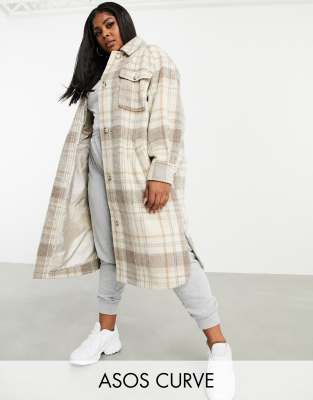 Длинная куртка-рубашка в клетку ASOS DESIGN Curve-Мульти