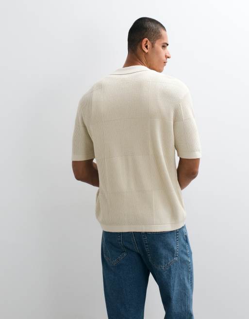 Udvalgt let strikket skjorte med knapper i beige, 3 af 5