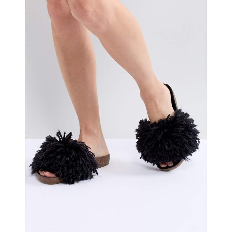 UGG Cindy Black Shaggy Slides ASOS