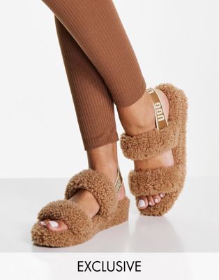 UGG Exclusive Oh Yeah teddy double strap flat sandals in chestnut