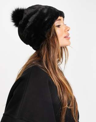 UGG faux fur beanie with pom in black