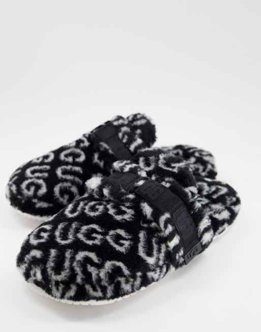 Ugg Fluff It Pop sheepskin slippers in all over logo print in black