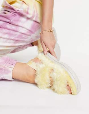 yellow fluffy sandals