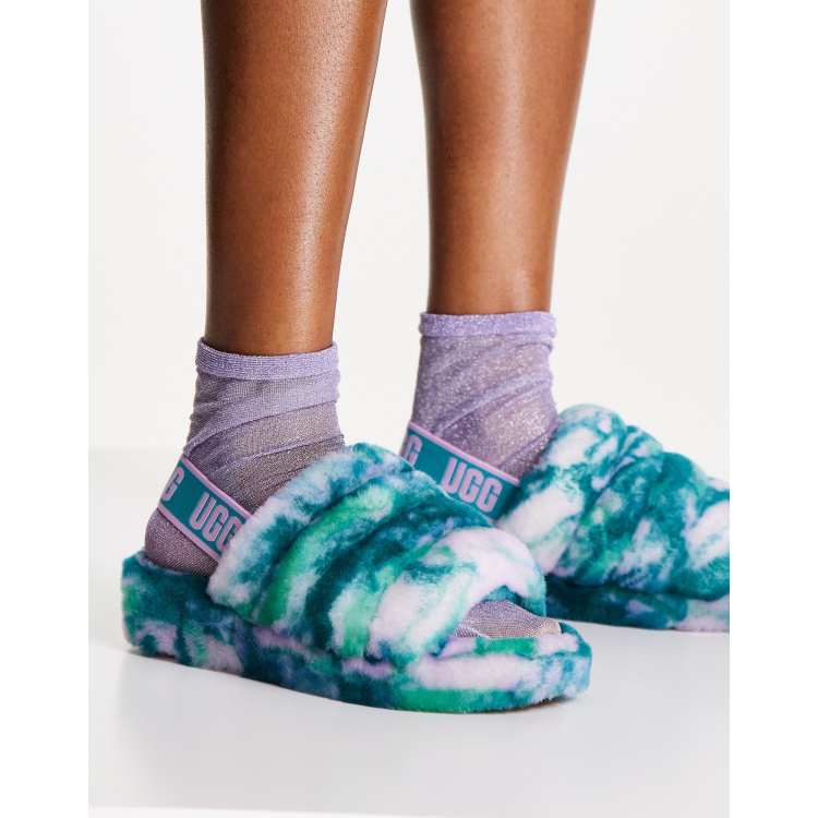 UGG Fluff Yeah marble slide flat sandals in aquatic blue ASOS