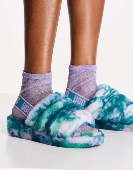 UGG Fluff Yeah marble slide flat sandals in aquatic blue