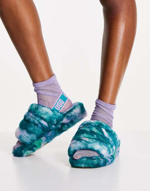 UGG Fluff Yeah Sandali bassi stile sliders blu acquatico effetto marmo