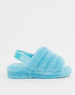 blue fluffy ugg slides