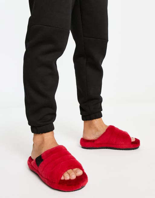 Red ugg fluff discount slippers