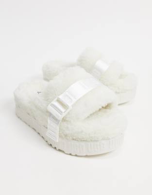 white fluffy ugg slides