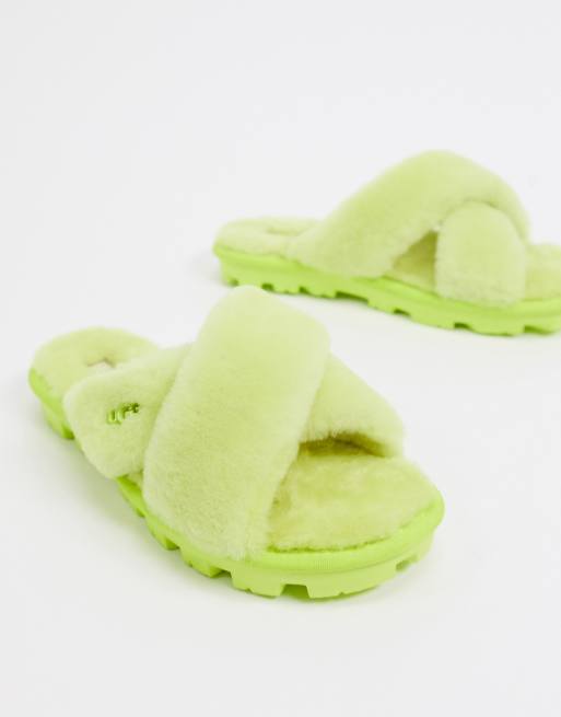 UGG Fuzette cross strap fluffy slippers in neon green