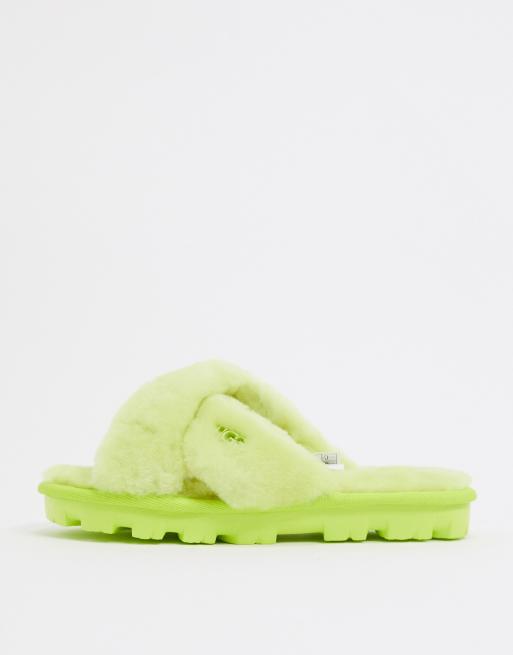 UGG Fuzette cross strap fluffy slippers in neon green