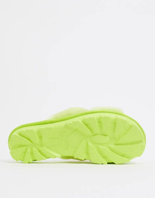 UGG Fuzette cross strap fluffy slippers in neon green