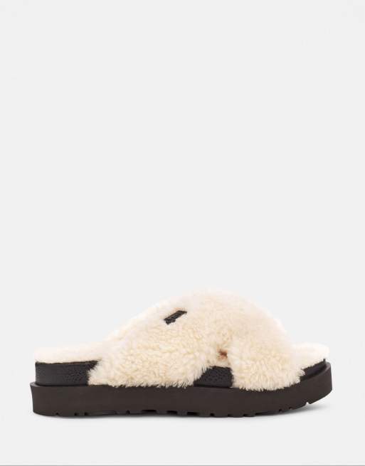 UGG Fuzz Sugar cross strap slide flatform sandals in natural - BEIGE