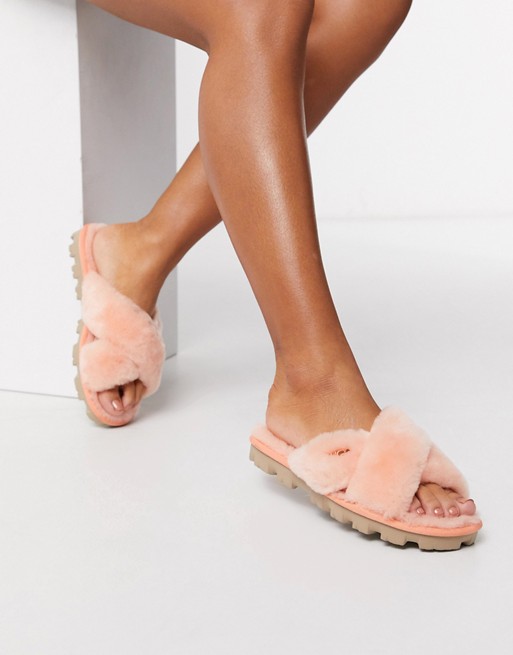 UGG Fuzzette cross strap fluffy slippers in coral