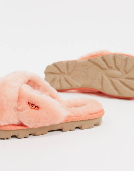 UGG Fuzzette cross strap fluffy slippers in coral ASOS