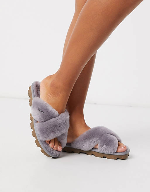 UGG Fuzzette cross strap fluffy slippers in grey
