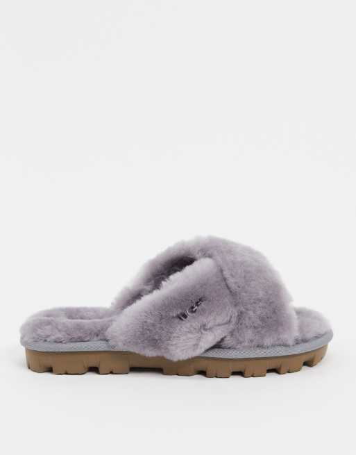 UGG Fuzzette Cross Strap Fluffy Slippers In Grey | vlr.eng.br