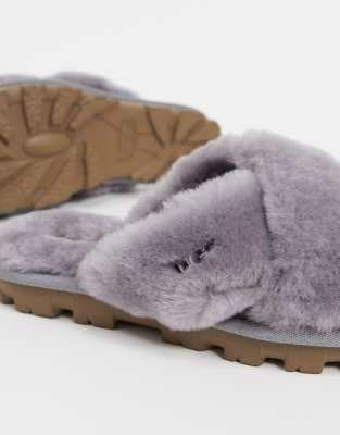 UGG Fuzzette cross strap fluffy slippers in grey