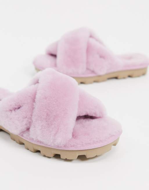 UGG Fuzzette cross strap fluffy slippers in wild berry pink