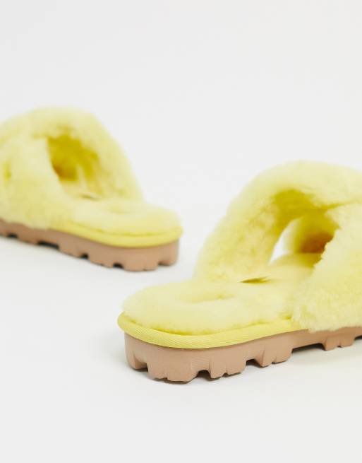 UGG Fuzzette cross strap fluffy slippers in yellow