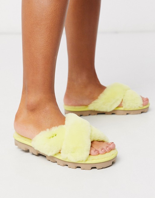 UGG Fuzzette cross strap fluffy slippers in yellow