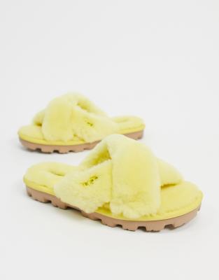 yellow ugg fur slides