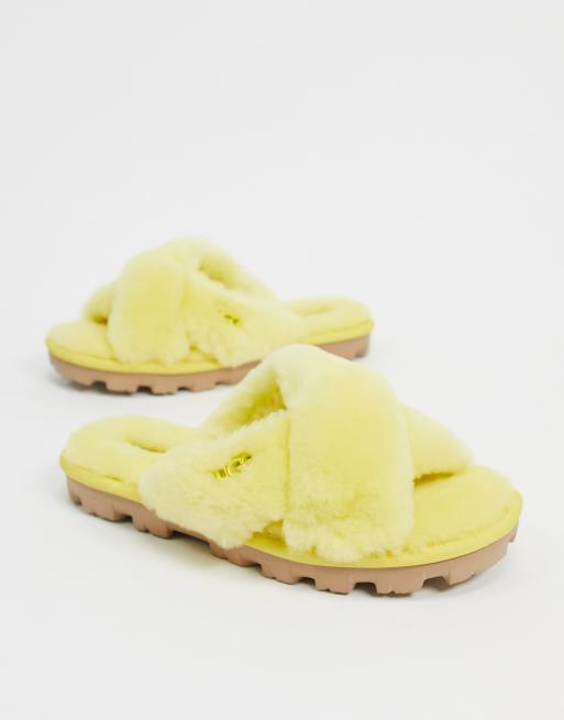 UGG Fuzzette cross strap fluffy slippers in yellow ASOS