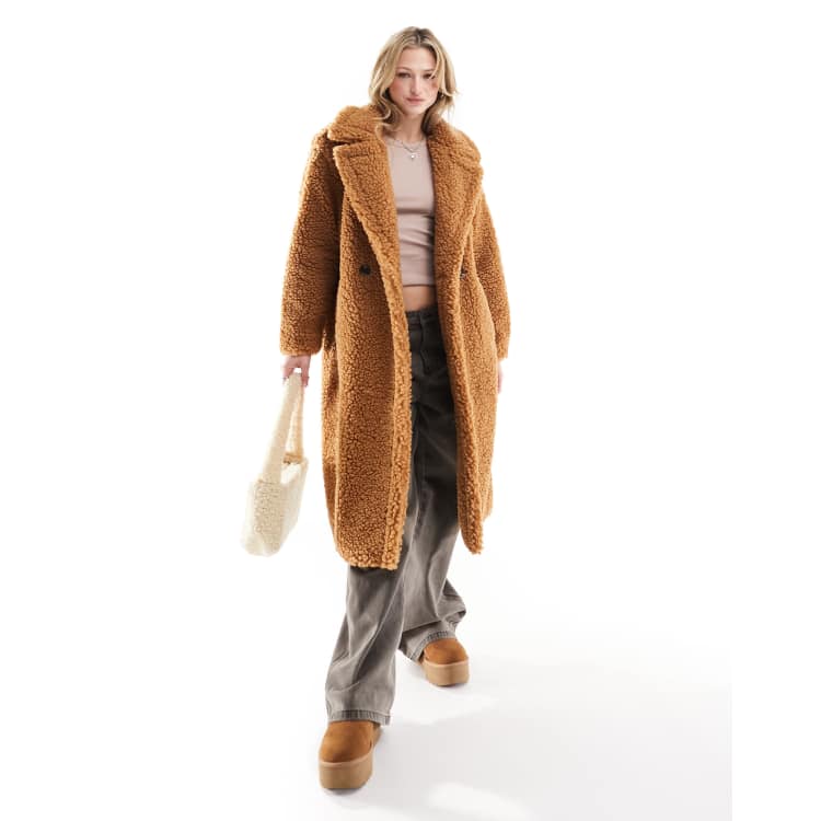 UGG Gertrude long teddy coat in tan ASOS