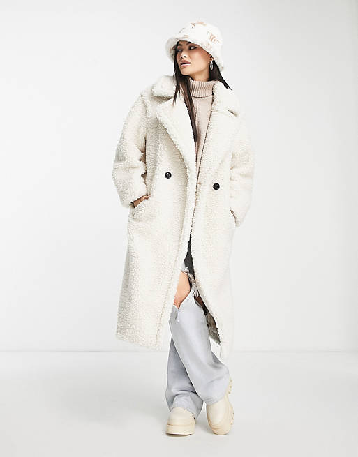 UGG Gertrude long teddy coat in winter white | ASOS