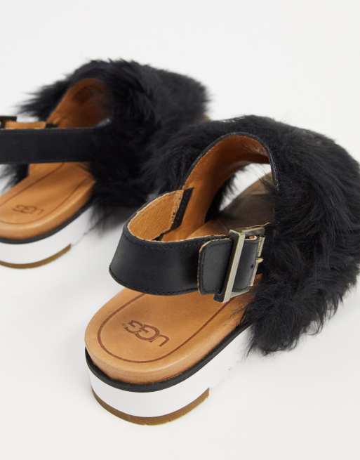 UGG Holly Black Fluffy Black Buckle Back Flat Sandals ASOS