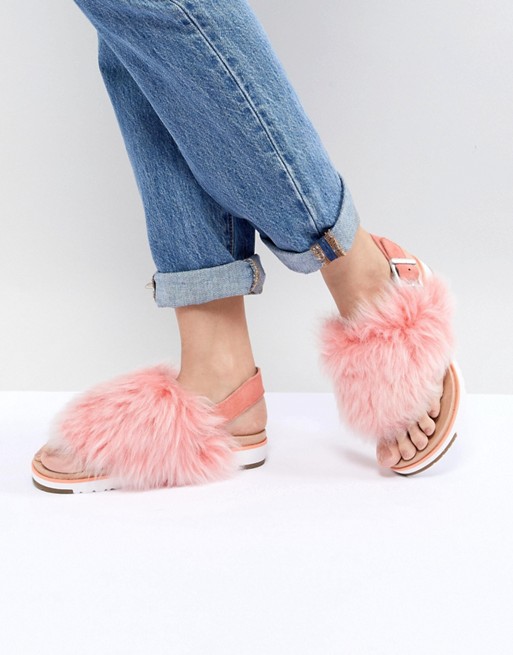 UGG Holly Pink Fluffy Buckle Back Flat Sandals | ASOS