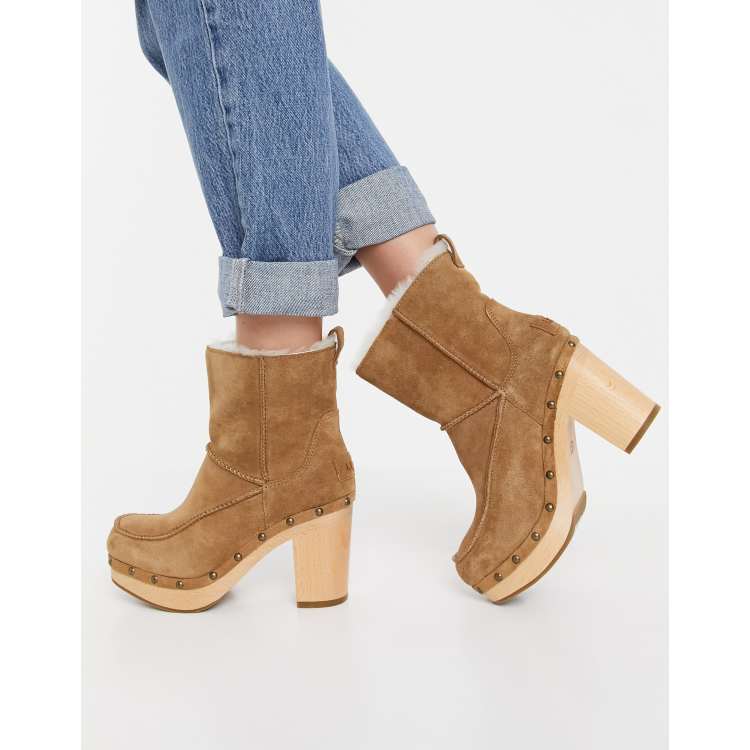 UGG Kouri heeled suede clog boots in chestnut | ASOS