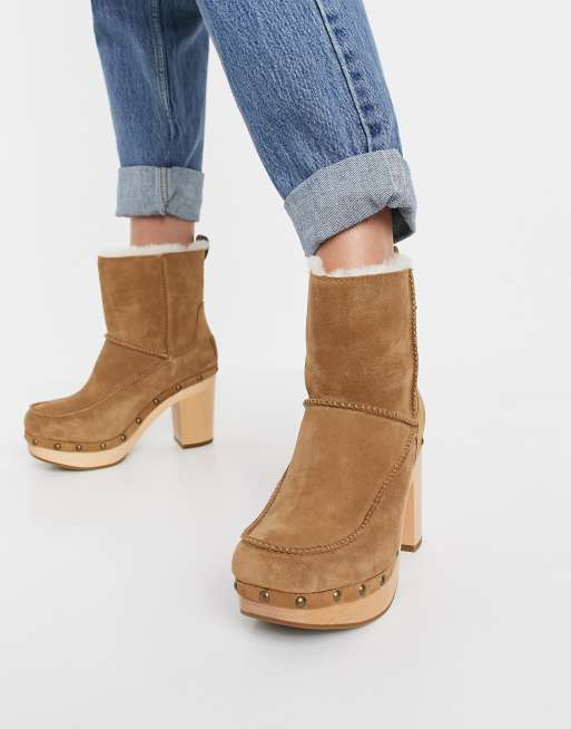 UGG Kouri heeled suede clog boots in chestnut | ASOS