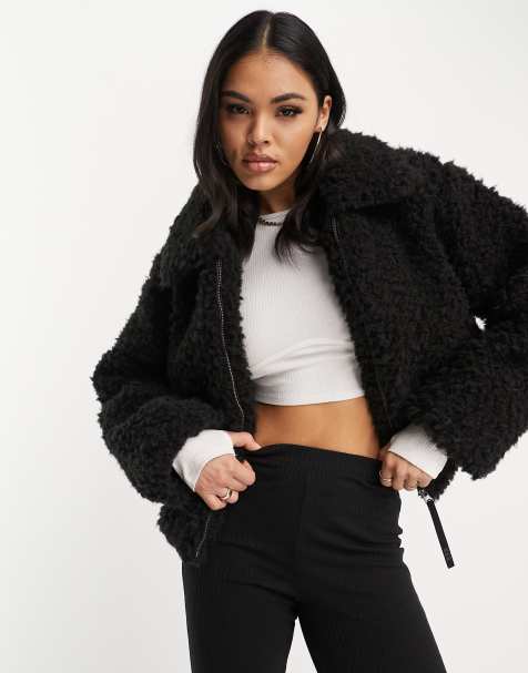 Black teddy bear jacket cropped sale