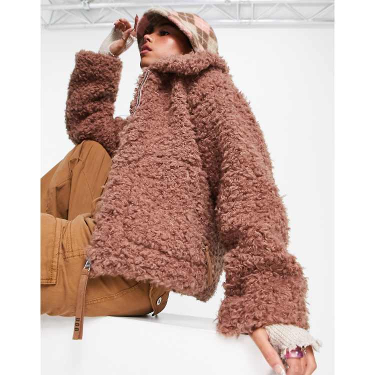 UGG Maeve sherpa zip up jacket in chestnut | ASOS