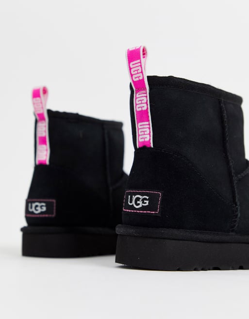 UGG Mini classic boot with neon logo taping in black and pink