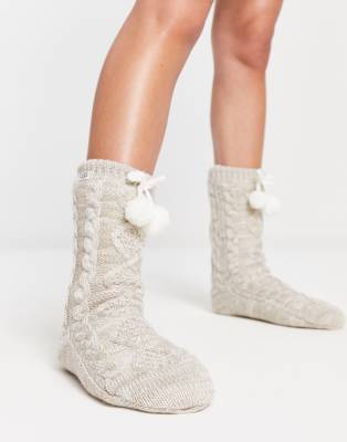 Ugg Pom Pom Fleece Lined Crew Socks In Cream-white In Neutral